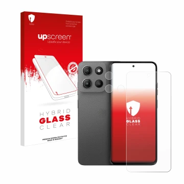 Vorderseite einer Produktverpackung mit dem Markenlogo upscreen. Daneben ist das Gerät Motorola Moto G15 Power (Display+Kamera