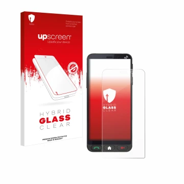 Vorderseite einer Produktverpackung mit dem Markenlogo upscreen. Daneben ist das Gerät Brondi Amico Vero 4G mit dem zugehörige