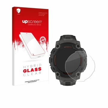 Vorderseite einer Produktverpackung mit dem Markenlogo upscreen. Daneben ist das Gerät Garmin Instinct E (45 mm) mit dem zugeh