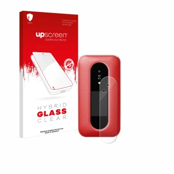 Vorderseite einer Produktverpackung mit dem Markenlogo upscreen. Daneben ist das Gerät Doro Leva L30 (Äußeres Display) mit dem