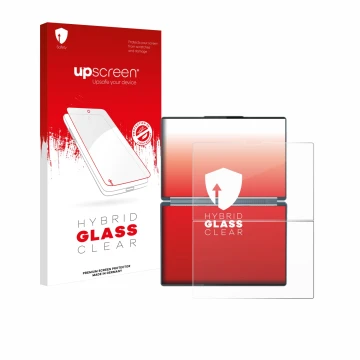 Vorderseite einer Produktverpackung mit dem Markenlogo upscreen. Daneben ist das Gerät Lenovo Yoga Book 9i Gen 10 mit dem zuge