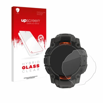 Vorderseite einer Produktverpackung mit dem Markenlogo upscreen. Daneben ist das Gerät Garmin Instinct 3 Solar (45 mm) mit dem