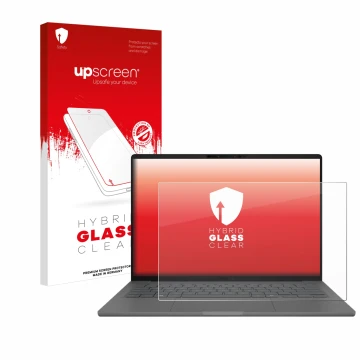 Vorderseite einer Produktverpackung mit dem Markenlogo upscreen. Daneben ist das Gerät ASUS ZenBook A14 UX3407 mit dem zugehör