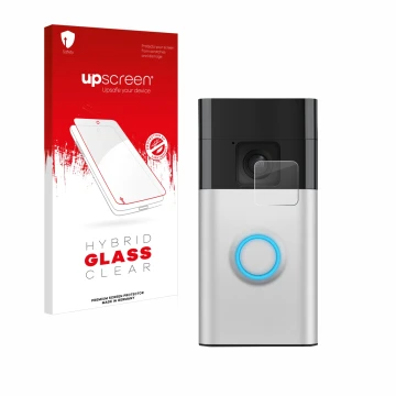 Vorderseite einer Produktverpackung mit dem Markenlogo upscreen. Daneben ist das Gerät Ring Battery Video Doorbell mit dem zug