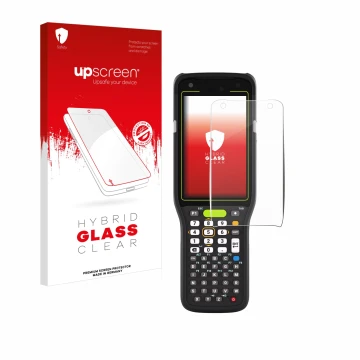 Vorderseite einer Produktverpackung mit dem Markenlogo upscreen. Daneben ist das Gerät Zebra MC3400 mit dem zugehörigen Displa