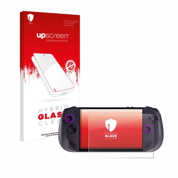 Vorderseite einer Produktverpackung mit dem Markenlogo upscreen. Daneben ist das Gerät Lenovo Legion Go S mit dem zugehörigen 