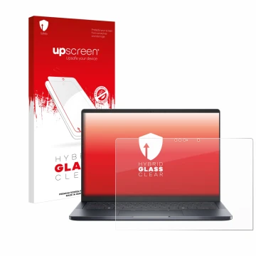 Vorderseite einer Produktverpackung mit dem Markenlogo upscreen. Daneben ist das Gerät Dell Pro 14 Premium PA14250 Touch mit d
