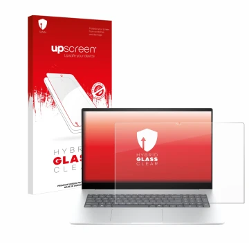 Vorderseite einer Produktverpackung mit dem Markenlogo upscreen. Daneben ist das Gerät HP Envy 17-da0777ng mit dem zugehörigen
