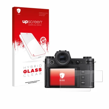 Vorderseite einer Produktverpackung mit dem Markenlogo upscreen. Daneben ist das Gerät Leica SL3-S (Display + Schulterdisplay)