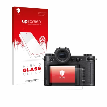 Vorderseite einer Produktverpackung mit dem Markenlogo upscreen. Daneben ist das Gerät Leica SL3-S mit dem zugehörigen Display