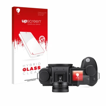 Vorderseite einer Produktverpackung mit dem Markenlogo upscreen. Daneben ist das Gerät Leica SL3-S (Schulterdisplay) mit dem z
