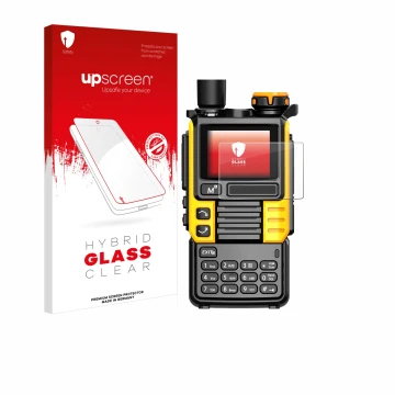 Vorderseite einer Produktverpackung mit dem Markenlogo upscreen. Daneben ist das Gerät Quansheng UV-K5 (99) mit dem zugehörige