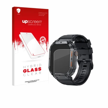 Vorderseite einer Produktverpackung mit dem Markenlogo upscreen. Daneben ist das Gerät bedee Smartwatch 1.96