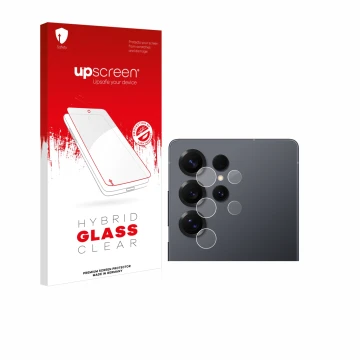 Vorderseite einer Produktverpackung mit dem Markenlogo upscreen. Daneben ist das Gerät Samsung Galaxy S25 Ultra (NUR Kamerasch