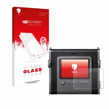 Vorderseite einer Produktverpackung mit dem Markenlogo upscreen. Daneben ist das Gerät Fujifilm Instax Wide Evo mit dem zugehö