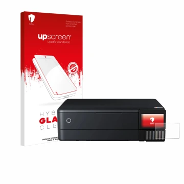 Vorderseite einer Produktverpackung mit dem Markenlogo upscreen. Daneben ist das Gerät Epson EcoTank ET-8550 mit dem zugehörig