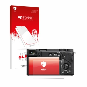 Vorderseite einer Produktverpackung mit dem Markenlogo upscreen. Daneben ist das Gerät Sony Alpha 6100A mit dem zugehörigen Di