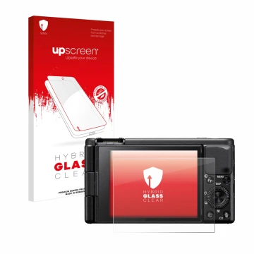 Vorderseite einer Produktverpackung mit dem Markenlogo upscreen. Daneben ist das Gerät Sony ZV-1A mit dem zugehörigen Displays