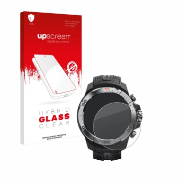 Vorderseite einer Produktverpackung mit dem Markenlogo upscreen. Daneben ist das Gerät Xiaomi Mibro GS Explorer mit dem zugehö