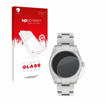Vorderseite einer Produktverpackung mit dem Markenlogo upscreen. Daneben ist das Gerät Rolex Oyster Perpetual 34 mit dem zugeh