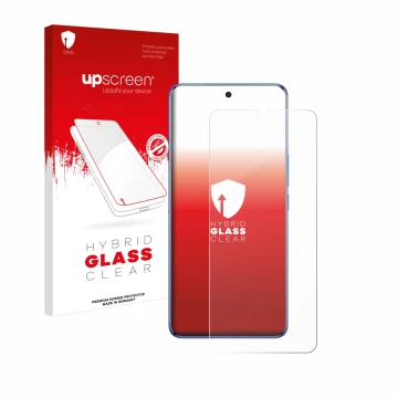Vorderseite einer Produktverpackung mit dem Markenlogo upscreen. Daneben ist das Gerät Vivo V50 mit dem zugehörigen Displaysch