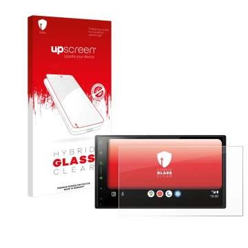 Vorderseite einer Produktverpackung mit dem Markenlogo upscreen. Daneben ist das Gerät Pioneer SPH-DA77DAB mit dem zugehörigen