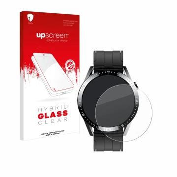 Vorderseite einer Produktverpackung mit dem Markenlogo upscreen. Daneben ist das Gerät Tracer Smartwatch SM9 mit dem zugehörig