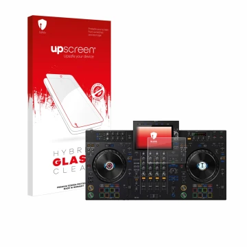 Vorderseite einer Produktverpackung mit dem Markenlogo upscreen. Daneben ist das Gerät Pioneer XDJ-AZ mit dem zugehörigen Disp