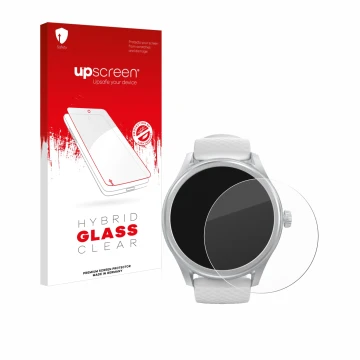 Vorderseite einer Produktverpackung mit dem Markenlogo upscreen. Daneben ist das Gerät Hama Smartwatch 5010 mit dem zugehörige
