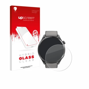Vorderseite einer Produktverpackung mit dem Markenlogo upscreen. Daneben ist das Gerät Hama Smartwatch 9000 mit dem zugehörige