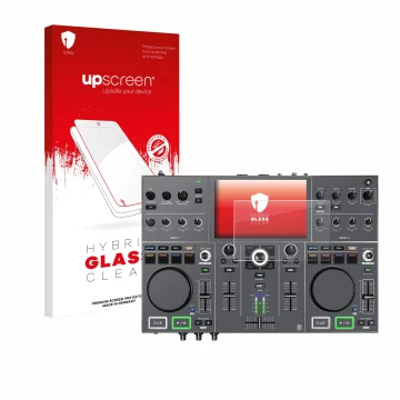 Vorderseite einer Produktverpackung mit dem Markenlogo upscreen. Daneben ist das Gerät Denon DJ Prime Go+ mit dem zugehörigen 