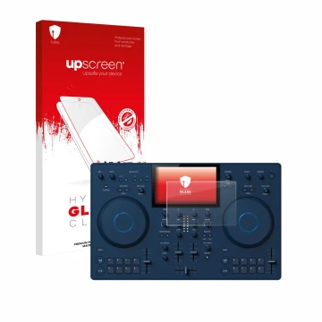 Vorderseite einer Produktverpackung mit dem Markenlogo upscreen. Daneben ist das Gerät AlphaTheta OMNIS-Duo (Jog) mit dem zuge