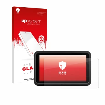 Vorderseite einer Produktverpackung mit dem Markenlogo upscreen. Daneben ist das Gerät Atomos Shinobi Go mit dem zugehörigen D