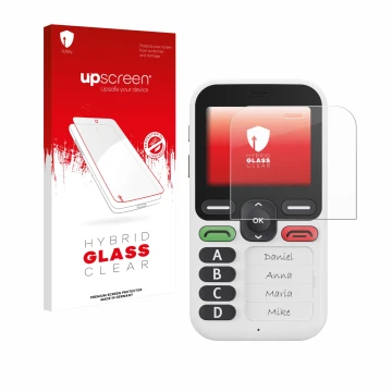Vorderseite einer Produktverpackung mit dem Markenlogo upscreen. Daneben ist das Gerät Doro Leva X10 mit dem zugehörigen Displ
