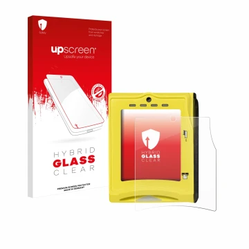 Vorderseite einer Produktverpackung mit dem Markenlogo upscreen. Daneben ist das Gerät Nayax VPOS TOUCH mit dem zugehörigen Di