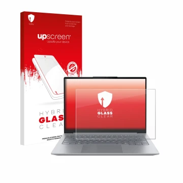 Vorderseite einer Produktverpackung mit dem Markenlogo upscreen. Daneben ist das Gerät Lenovo ThinkBook 14 Gen 8 mit dem zugeh