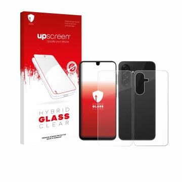 Vorderseite einer Produktverpackung mit dem Markenlogo upscreen. Daneben ist das Gerät Samsung Galaxy A26 5G Enterprise Editio