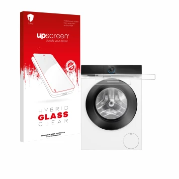 Vorderseite einer Produktverpackung mit dem Markenlogo upscreen. Daneben ist das Gerät Siemens WG56B2041 IQ700 Touchdisplay mi