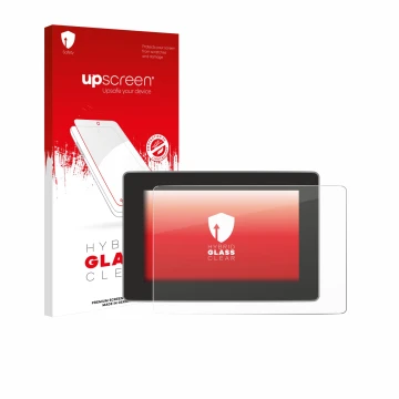 Vorderseite einer Produktverpackung mit dem Markenlogo upscreen. Daneben ist das Gerät Tesla Model Y Juniper 2025 mit dem zuge