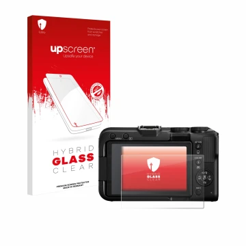 Vorderseite einer Produktverpackung mit dem Markenlogo upscreen. Daneben ist das Gerät Canon EOS R50 V mit dem zugehörigen Dis