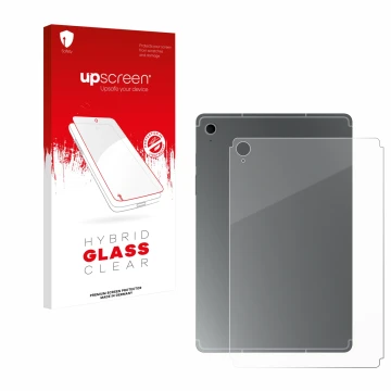 Vorderseite einer Produktverpackung mit dem Markenlogo upscreen. Daneben ist das Gerät Samsung Galaxy Tab S10 FE (Rückseite) m