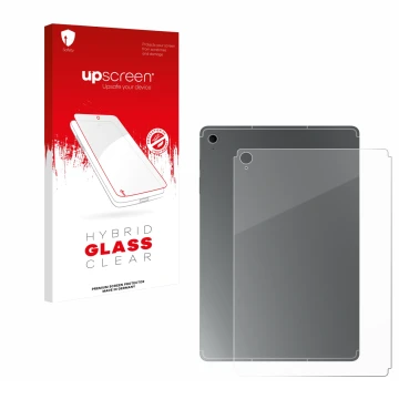 Vorderseite einer Produktverpackung mit dem Markenlogo upscreen. Daneben ist das Gerät Samsung Galaxy Tab S10 FE+ (Rückseite) 