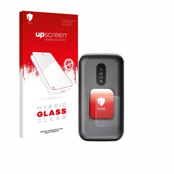 Vorderseite einer Produktverpackung mit dem Markenlogo upscreen. Daneben ist das Gerät Doro 2880 (Äußeres Display) mit dem zug