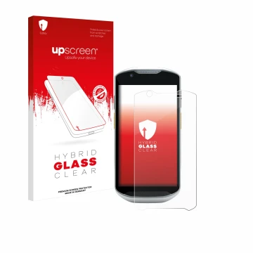 Vorderseite einer Produktverpackung mit dem Markenlogo upscreen. Daneben ist das Gerät Zebra TC52x-HC mit dem zugehörigen Disp