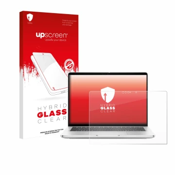 Vorderseite einer Produktverpackung mit dem Markenlogo upscreen. Daneben ist das Gerät Dell Pro 13 Plus 2-in-1 mit dem zugehör