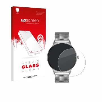 Vorderseite einer Produktverpackung mit dem Markenlogo upscreen. Daneben ist das Gerät Pireware Slim Smartwatch mit dem zugehö