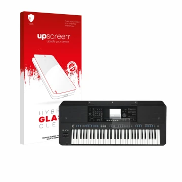 Vorderseite einer Produktverpackung mit dem Markenlogo upscreen. Daneben ist das Gerät Yamaha PSR-SX720 mit dem zugehörigen Di