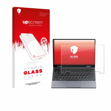 Vorderseite einer Produktverpackung mit dem Markenlogo upscreen. Daneben ist das Gerät Chuwi MiniBook X N150 mit dem zugehörig