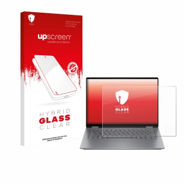 Vorderseite einer Produktverpackung mit dem Markenlogo upscreen. Daneben ist das Gerät HP OmniBook X Flip 14 mit dem zugehörig