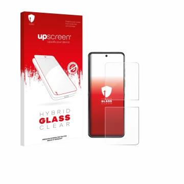 Vorderseite einer Produktverpackung mit dem Markenlogo upscreen. Daneben ist das Gerät Motorola Razr 60 mit dem zugehörigen Di